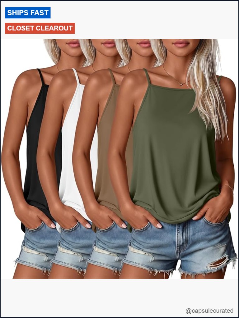 Women's Square Neck Camisole 4-Pack Spaghetti Strap Tank Tops Summer Casual